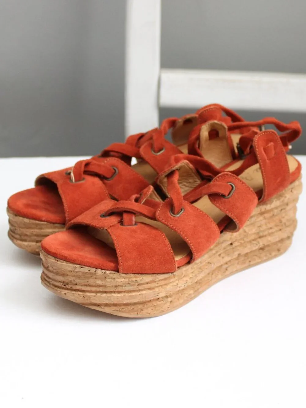 Free People Suede Lace-Up Sandals Platform Wedge in Rust Orange Size 37 / 7 US